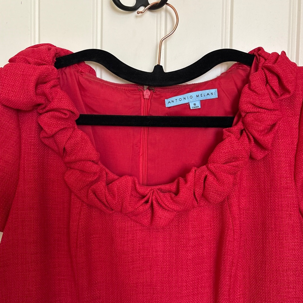 ANTONIO MELANI Red Midi Dress with Ruffle Neckline - Picture 3 of 6
